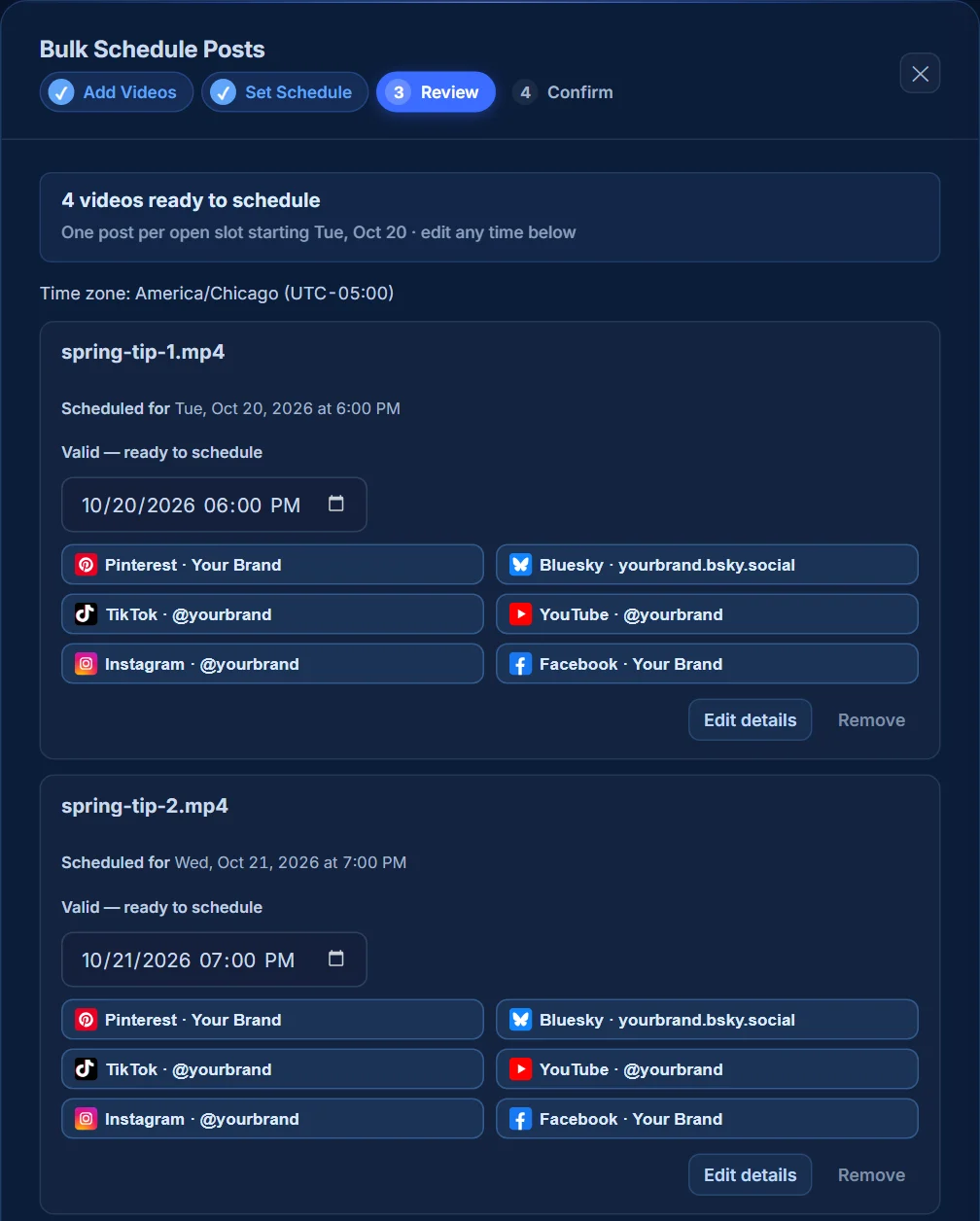 TRESSO Bulk Schedule with a batch of videos, selected destinations and posting times