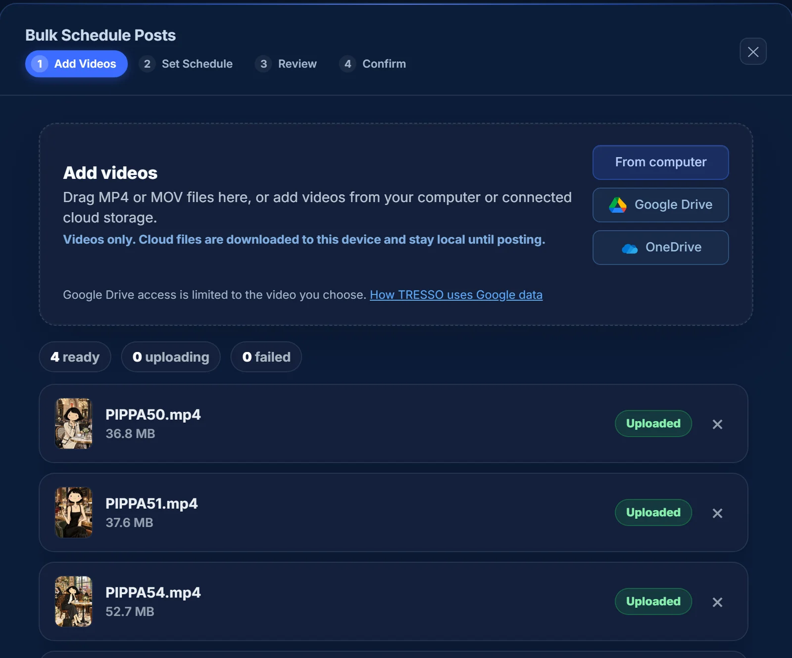 TRESSO Bulk Schedule, Add Videos step, with four finished Pippa Says episodes uploaded and ready