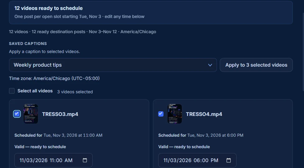 TRESSO Bulk Schedule, Review step: 12 videos ready to schedule, the saved caption Weekly product tips chosen with Apply to 3 selected videos, and two selected videos with their scheduled dates and times